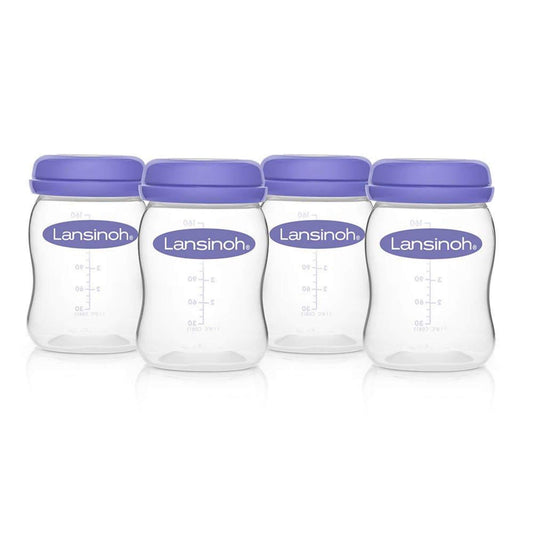 Four Breastmilk Storage Bottles with purple lids arranged in a row, each featuring measurement markings and the Lansinoh logo.