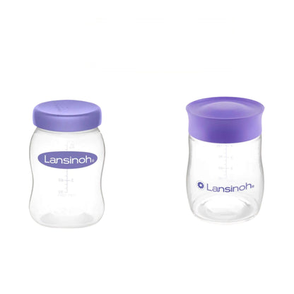 Two Breastmilk Storage Bottles with purple lids, showing the transition to a stackable lid design for more efficient storage.