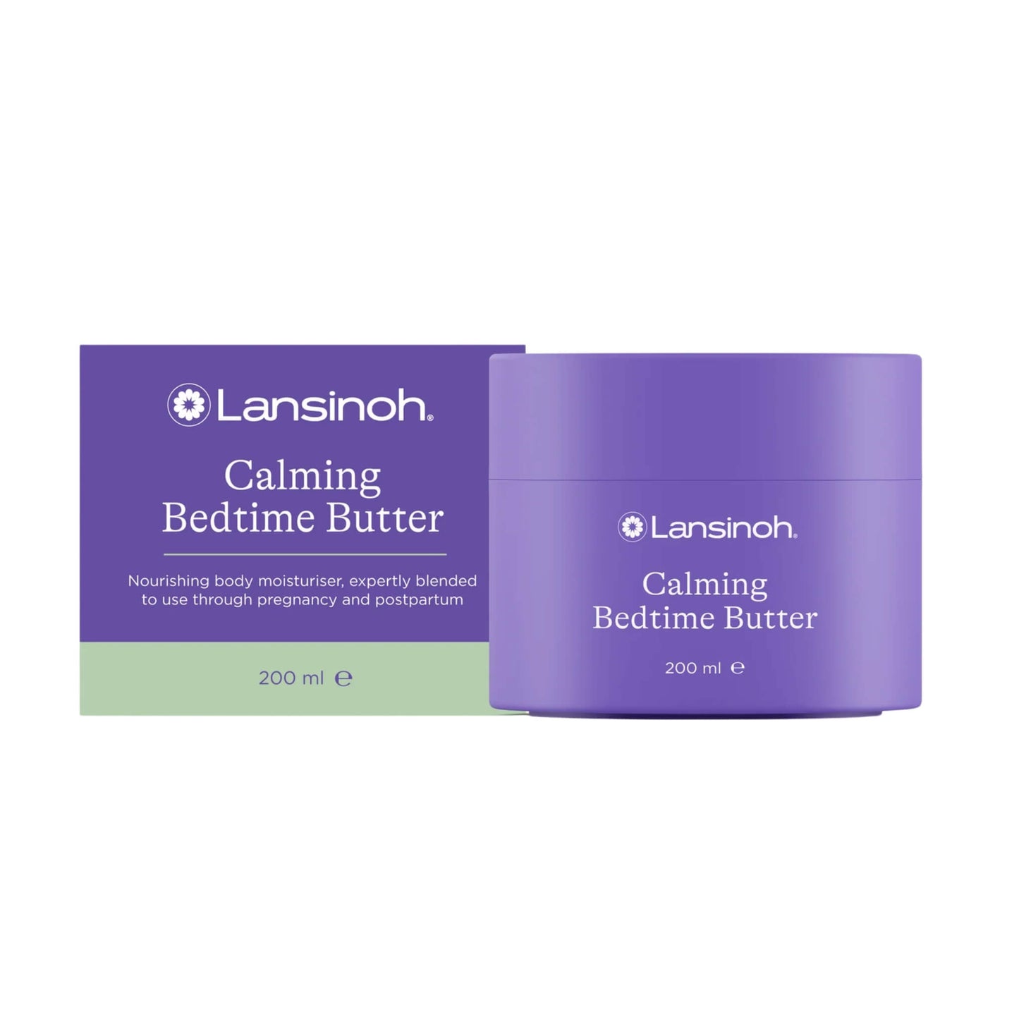 Lansinoh Calming Bedtime Butter moisturiser in a purple 200ml tub displayed beside its matching product box on a light background.