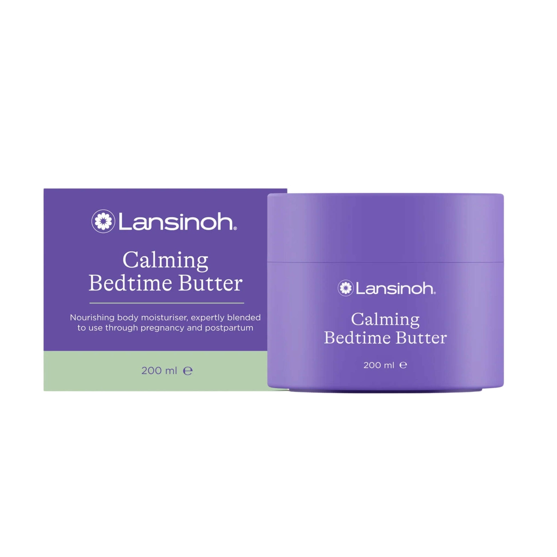 Lansinoh Calming Bedtime Butter moisturiser in a purple 200ml tub displayed beside its matching product box on a light background.