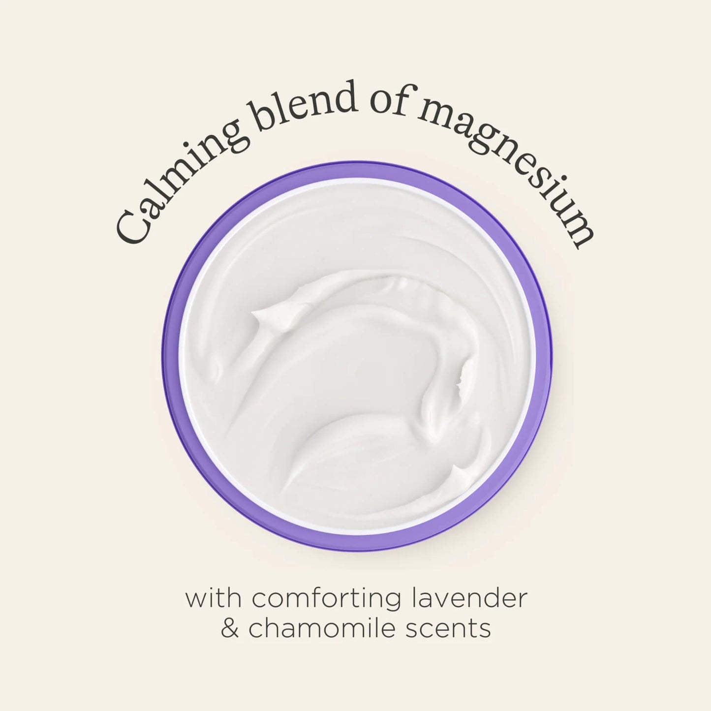 An open tub of white body butter viewed from above, showing a smooth cream texture inside a purple container.