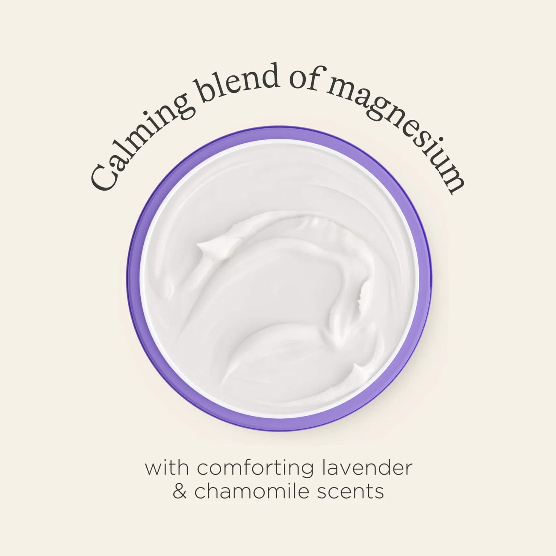 An open tub of white body butter viewed from above, showing a smooth cream texture inside a purple container.