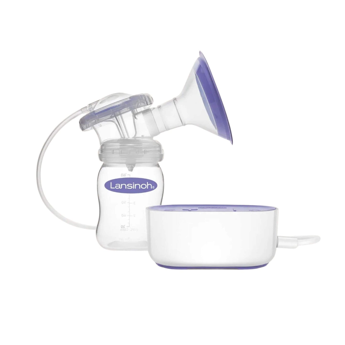 Lansinoh Compact Single Electric Breast Pump with bottle and ComfortFit silicone breast cushion attached, designed for portable expressing with hospital-grade suction.