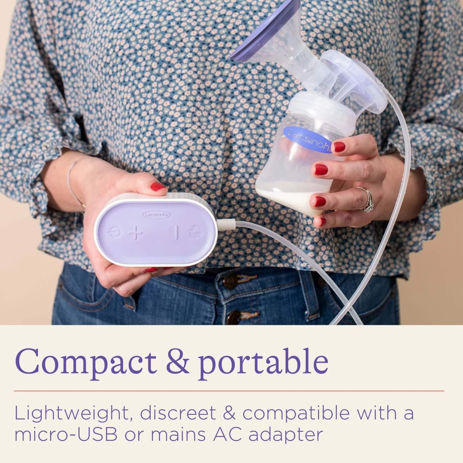 Mother holding a compact electric breast pump in one hand and bottle of expressed milk in the other, showing its lightweight and portable design for easy use.