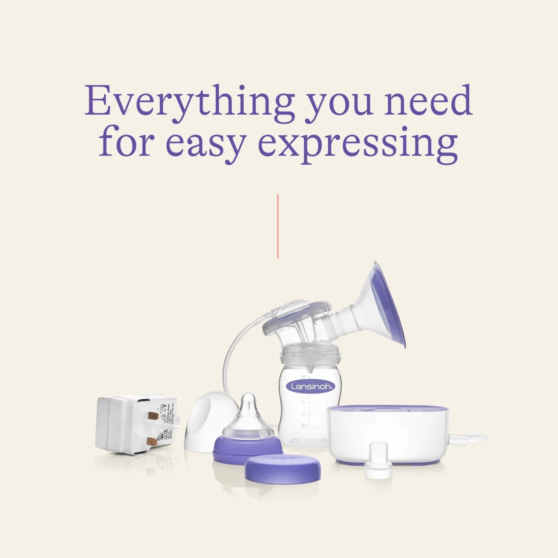 Complete single electric breast pump set displayed with bottle, teat, and power adapter, showing everything included for convenient expressing at home or away.