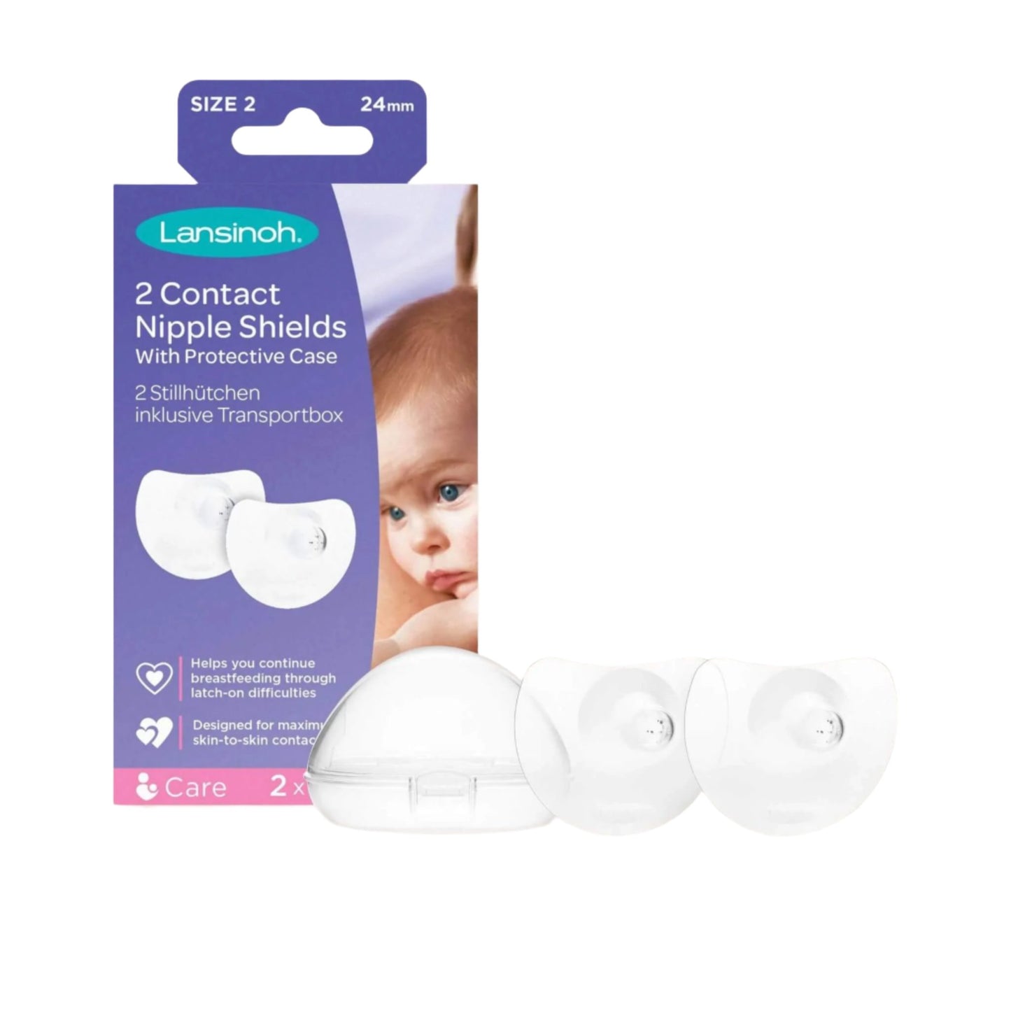Product box for two contact nipple shields in size 1 (20mm) shown from an angled side view with clear product information.