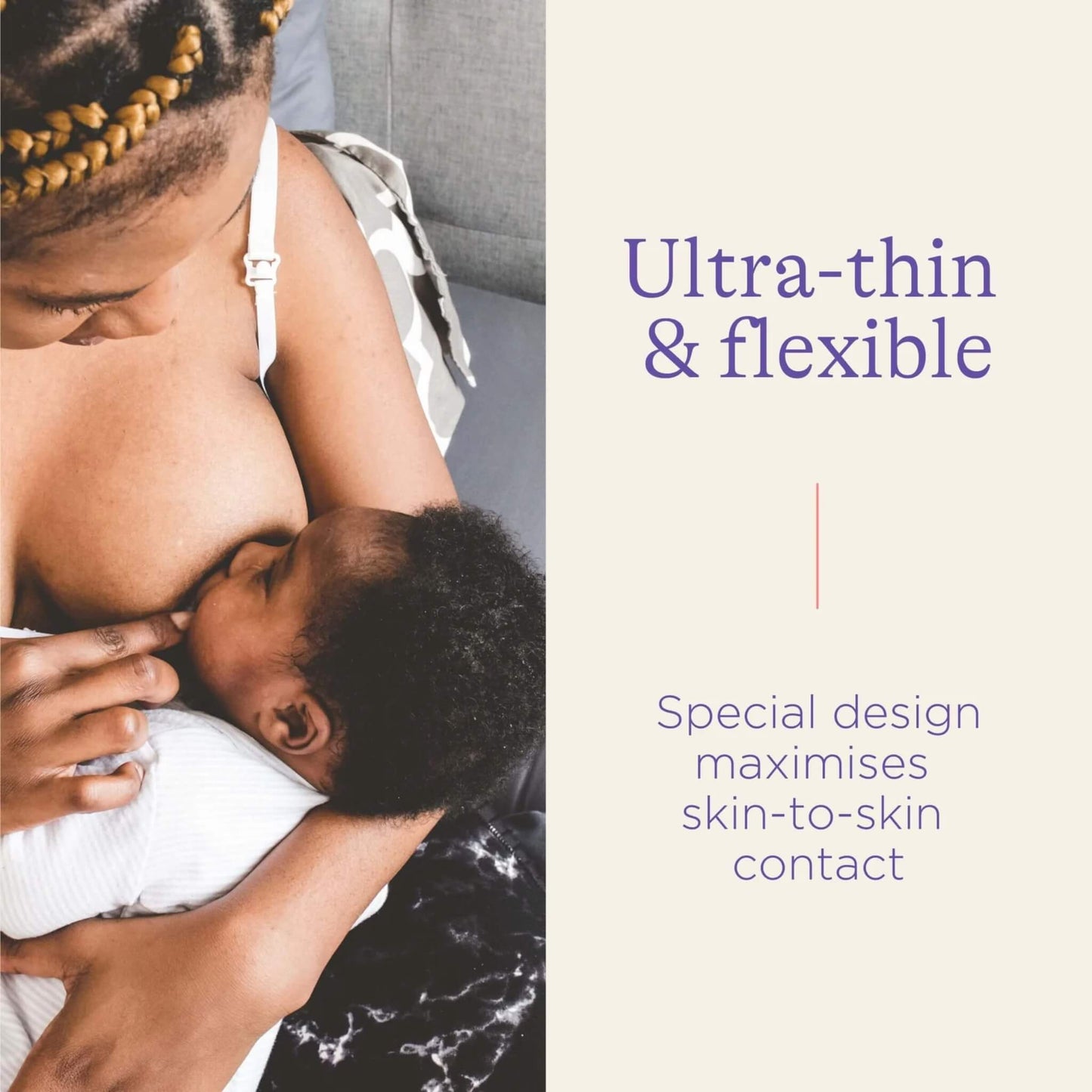 Parent breastfeeding a baby with a transparent nipple shield in place, showing close skin-to-skin contact during feeding.