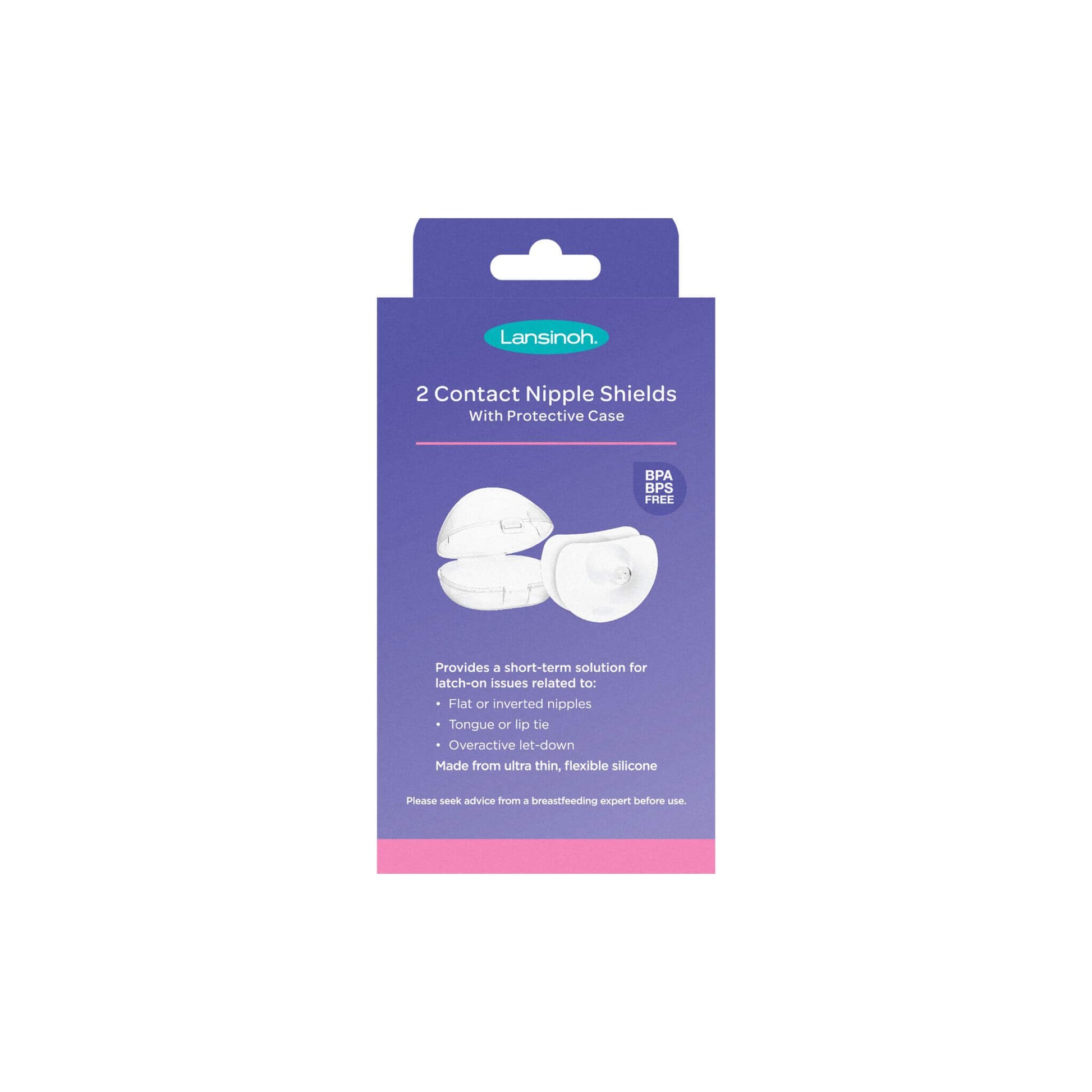 Pair of clear silicone nipple shields with protective case displayed in front of box labelled size 2, 24mm.