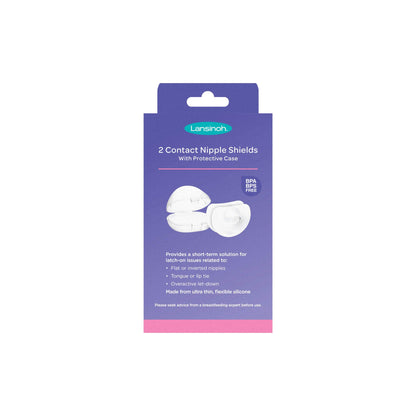 Pair of clear silicone nipple shields with protective case displayed in front of box labelled size 2, 24mm.