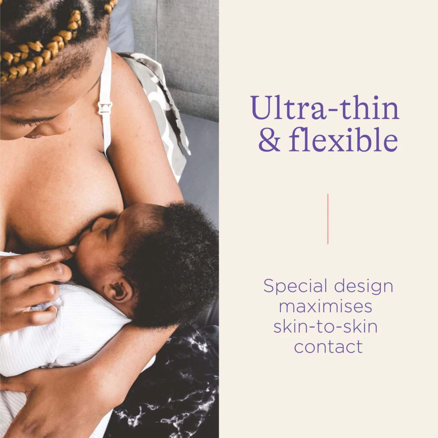 Mother breastfeeding baby using an ultra-thin nipple shield, demonstrating skin-to-skin contact.