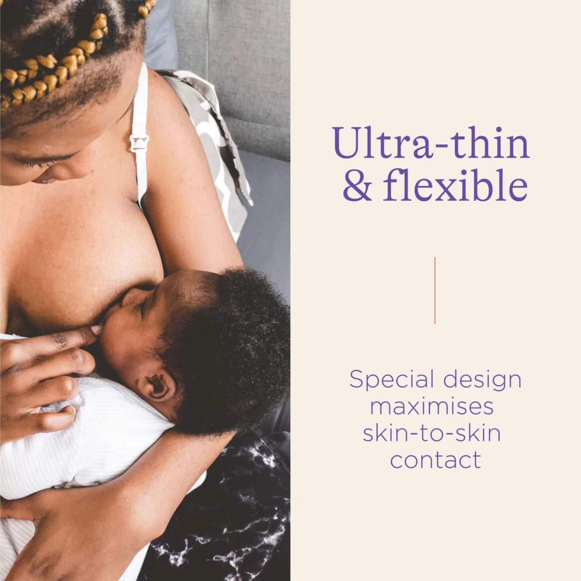 Mother breastfeeding baby using an ultra-thin nipple shield, demonstrating skin-to-skin contact.