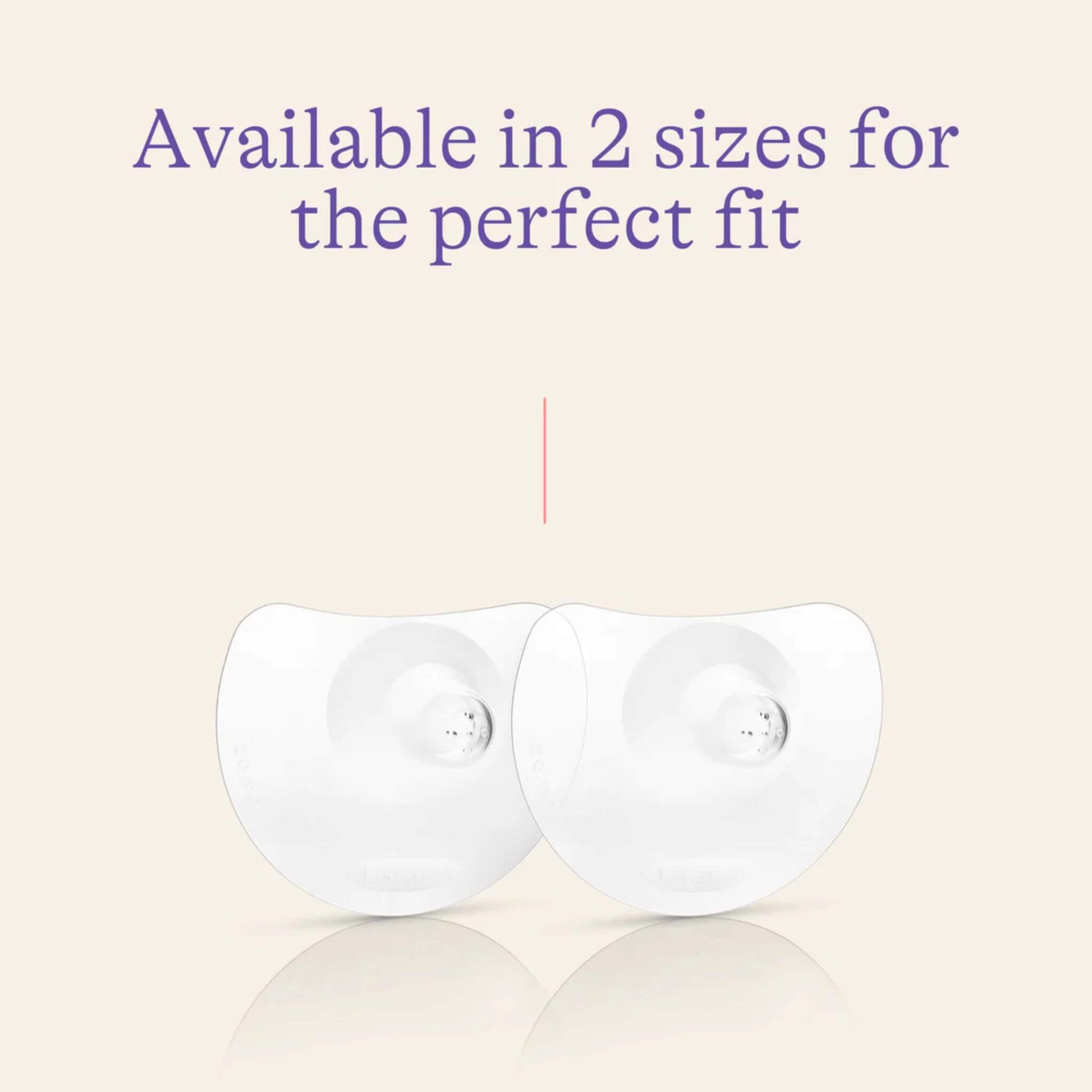 Two clear nipple shields displayed together with text noting availability in two sizes for a comfortable fit.