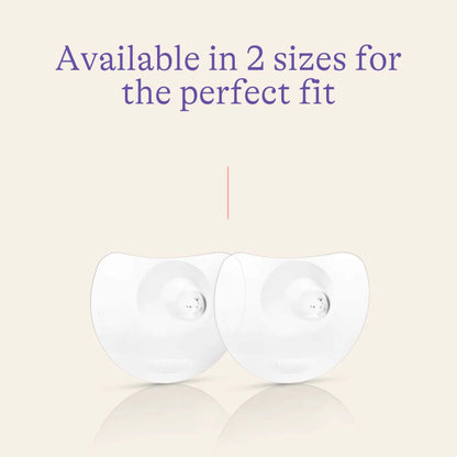 Two clear nipple shields displayed together with text noting availability in two sizes for a comfortable fit.