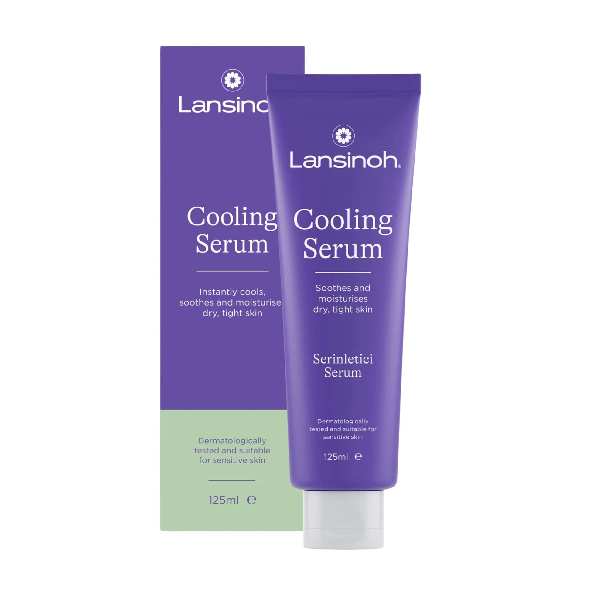 Lansinoh Cooling Serum in a purple 125ml tube displayed in front of its matching product box on a light background.