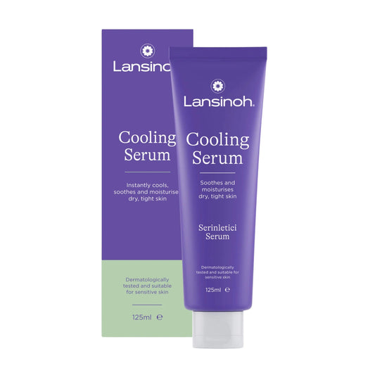 Lansinoh Cooling Serum in a purple 125ml tube displayed in front of its matching product box on a light background.