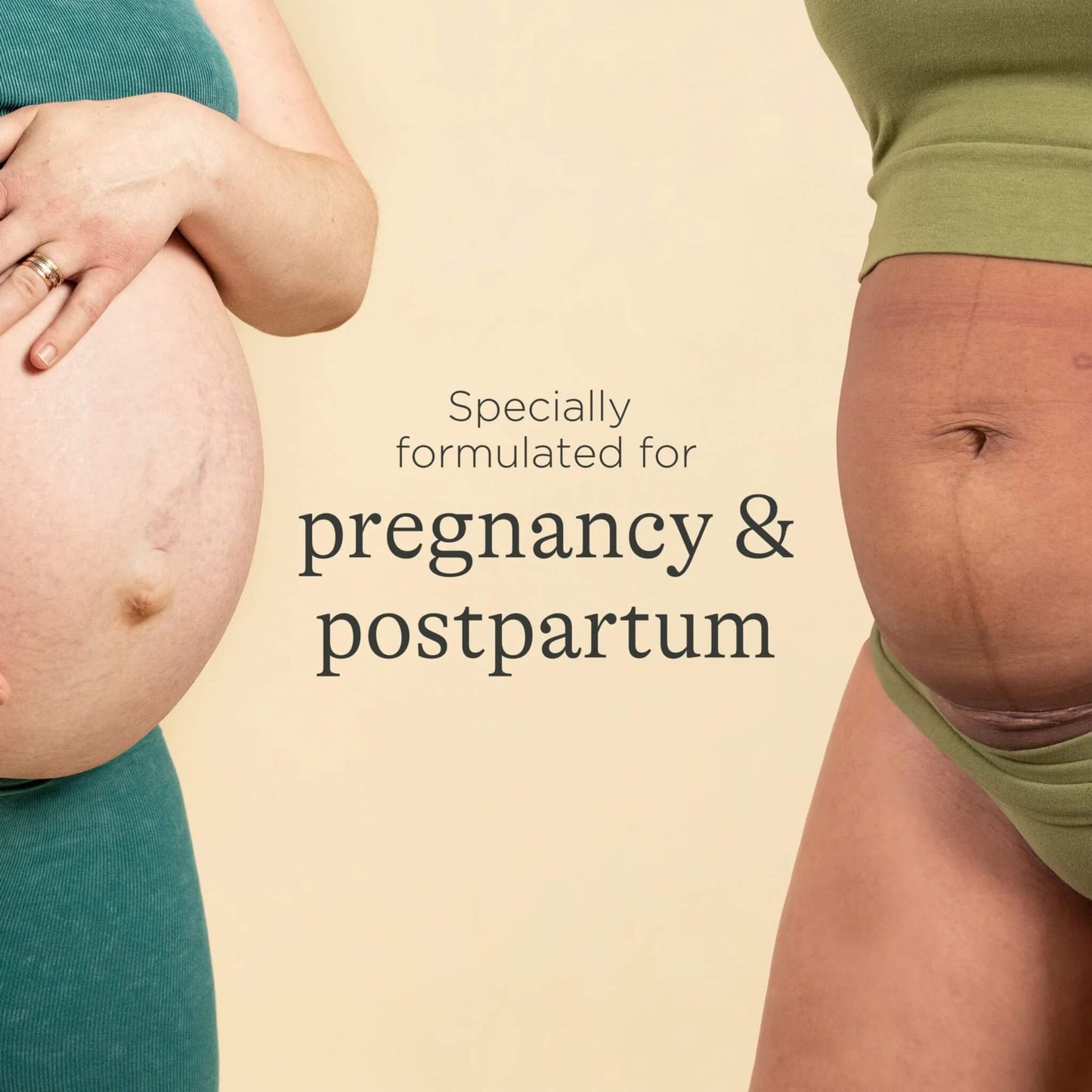 Two women shown from the waist down display pregnant and postpartum stomachs against a beige background.