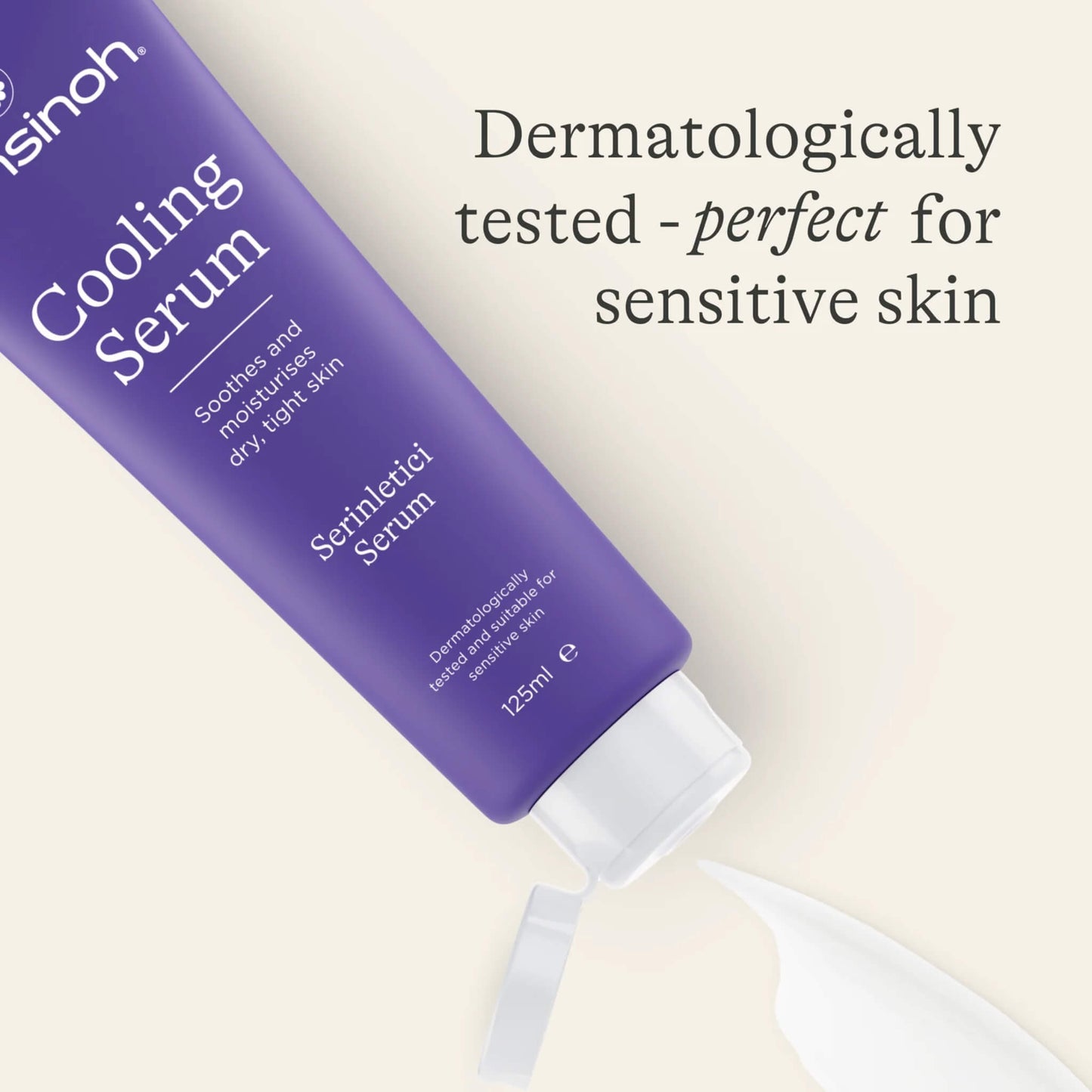 A purple tube of cooling serum with its flip-top cap open and a small amount of white serum dispensed onto a light surface.