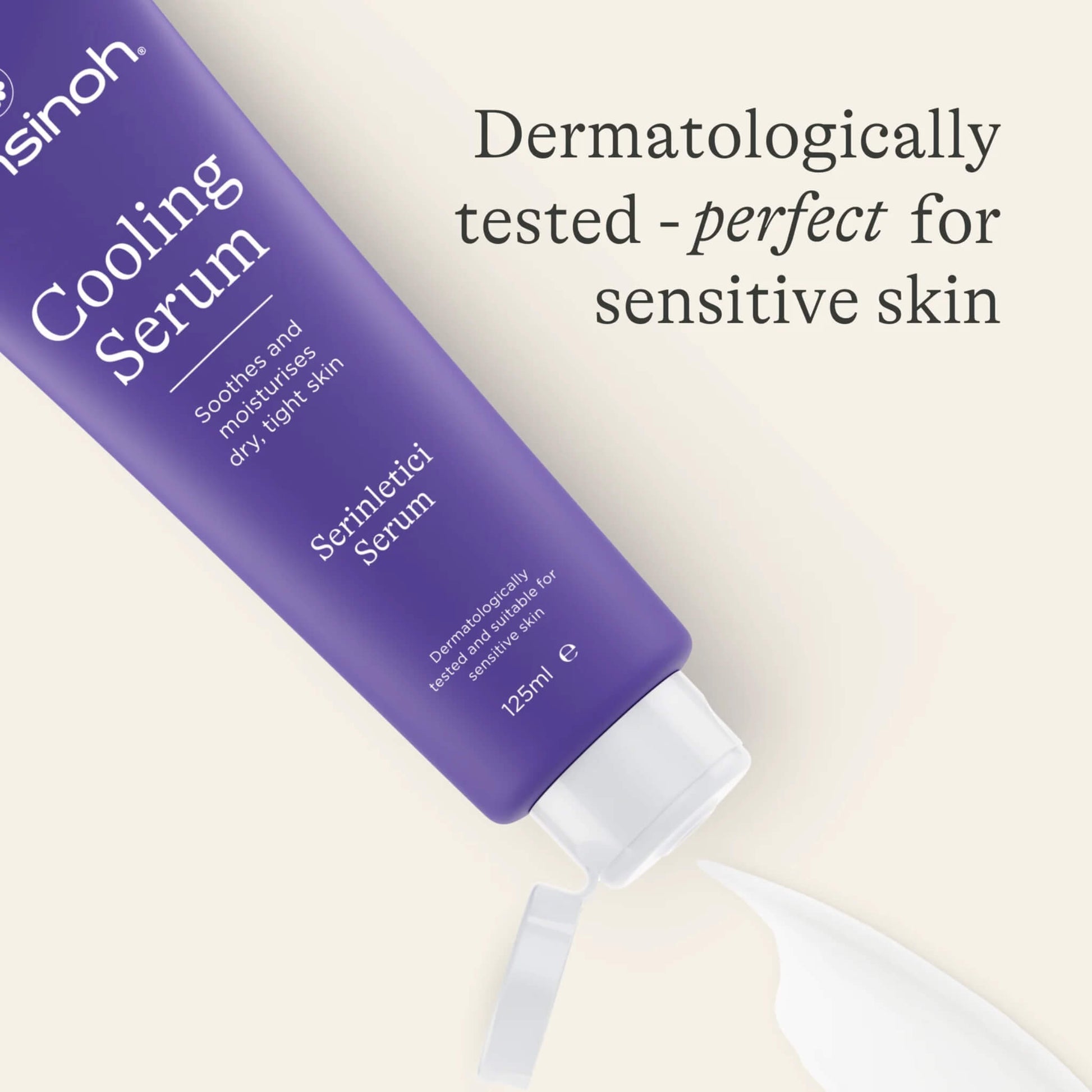 A purple tube of cooling serum with its flip-top cap open and a small amount of white serum dispensed onto a light surface.