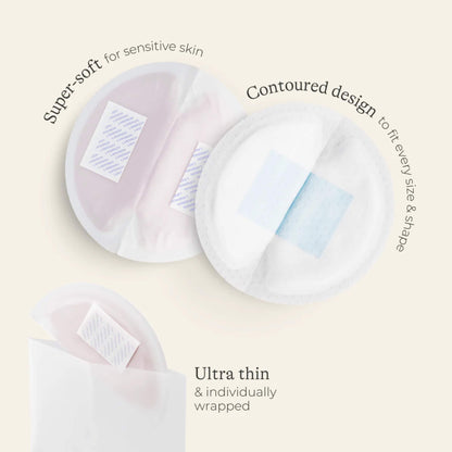 Top view of ultra-thin nursing pads with soft, breathable lining and adhesive backing, individually wrapped for hygiene and easy use.