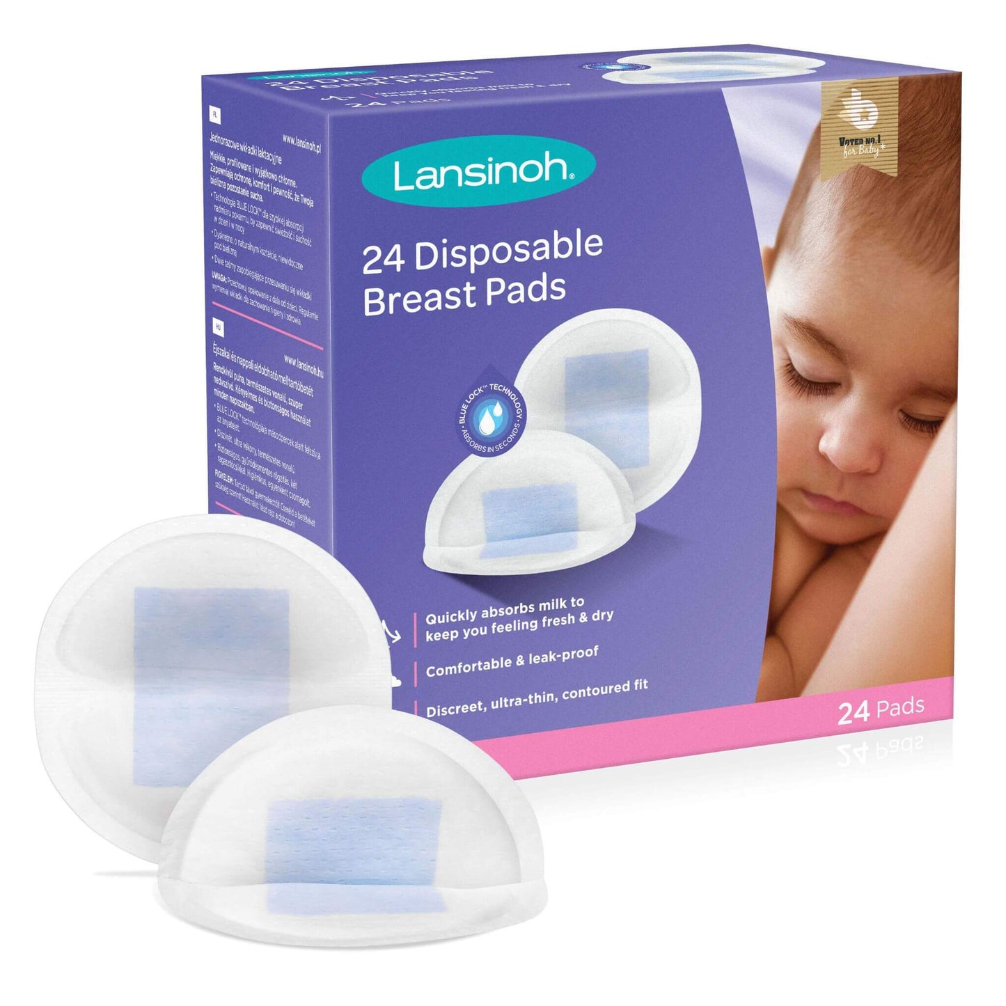 Lansinoh 24 Disposable Breast Pads box shown with two contoured pads in front, designed for comfort, leak protection, and quick milk absorption.