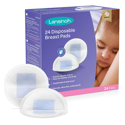 Lansinoh 24 Disposable Breast Pads box shown with two contoured pads in front, designed for comfort, leak protection, and quick milk absorption.