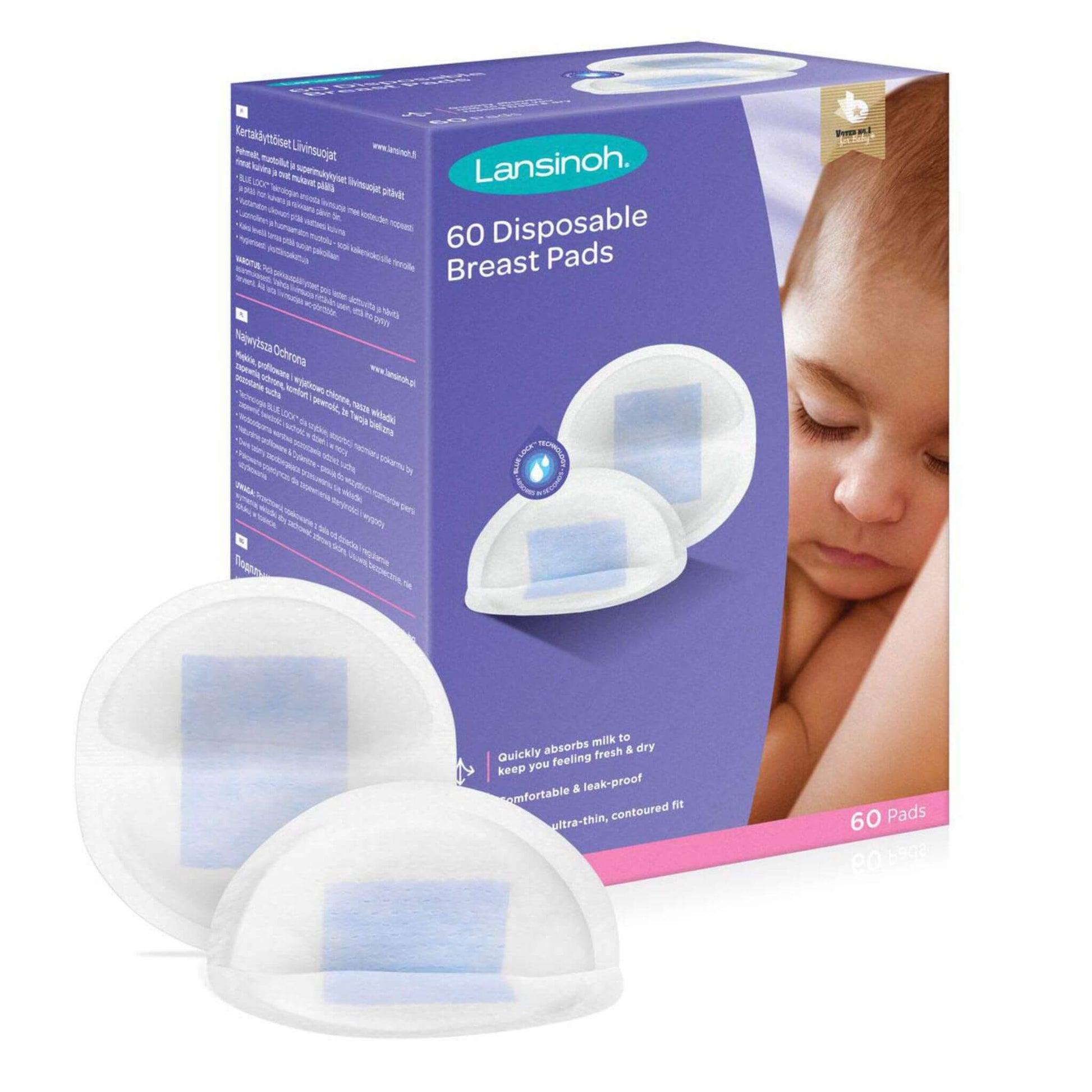 Lansinoh 60 Disposable Breast Pads box displayed with two absorbent nursing pads in front, highlighting discreet fit and stay-dry protection.