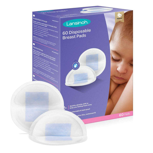 Lansinoh 60 Disposable Breast Pads box displayed with two absorbent nursing pads in front, highlighting discreet fit and stay-dry protection.