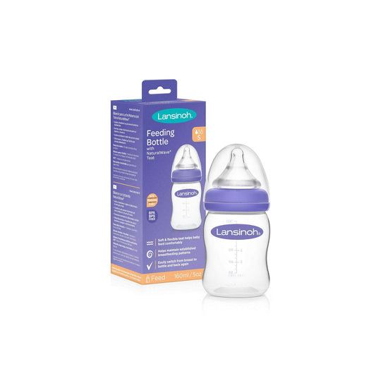 Lansinoh baby feeding bottle with NaturalWave™ teat shown beside its retail box, made from BPA and BPS-free materials for safe and natural feeding.