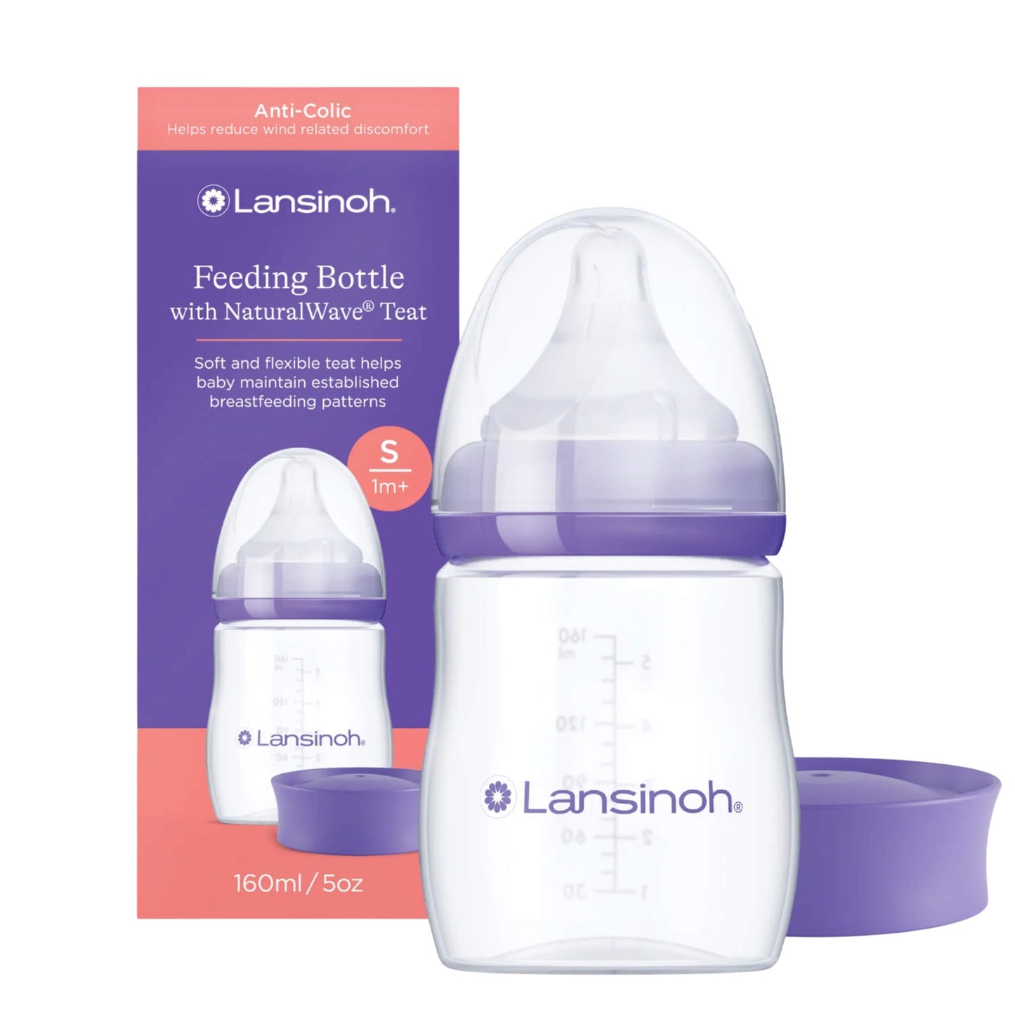 Lansinoh Glass Feeding Bottle 160ml with NaturalWave Teat shown in front of the retail box with the bottle cap alongside.