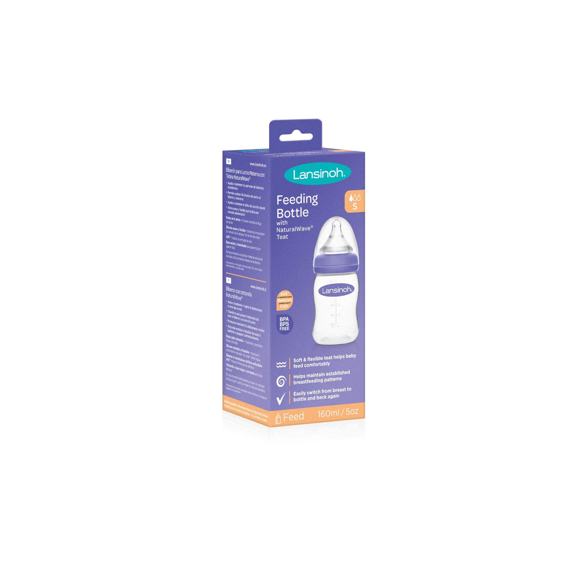 Front view of boxed feeding bottle showing product details, size label, and NaturalWave™ teat illustration on purple packaging.