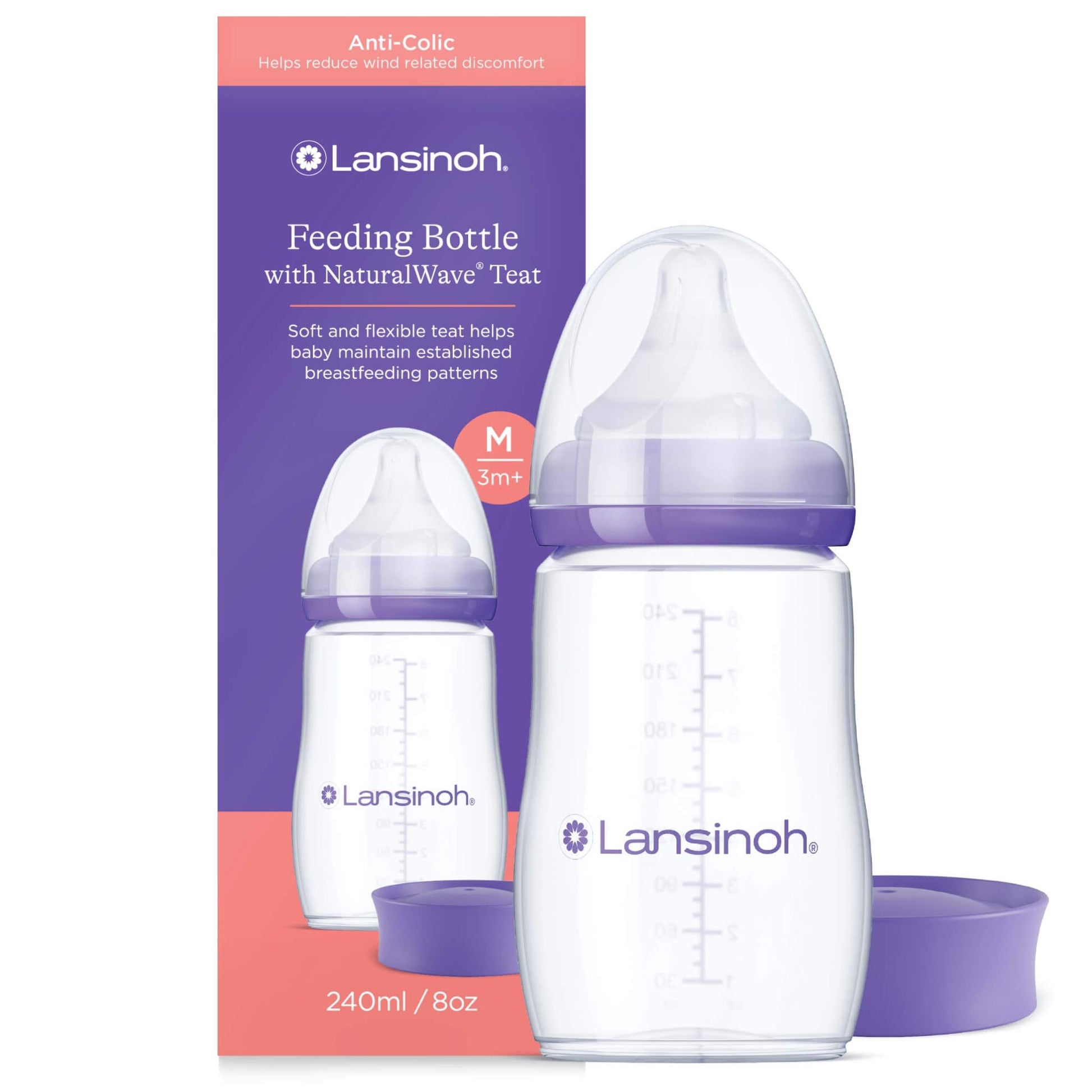 Lansinoh Feeding Bottle with NaturalWave teat shown with retail packaging and a 240 ml feeding bottle displayed in front with cap removed.