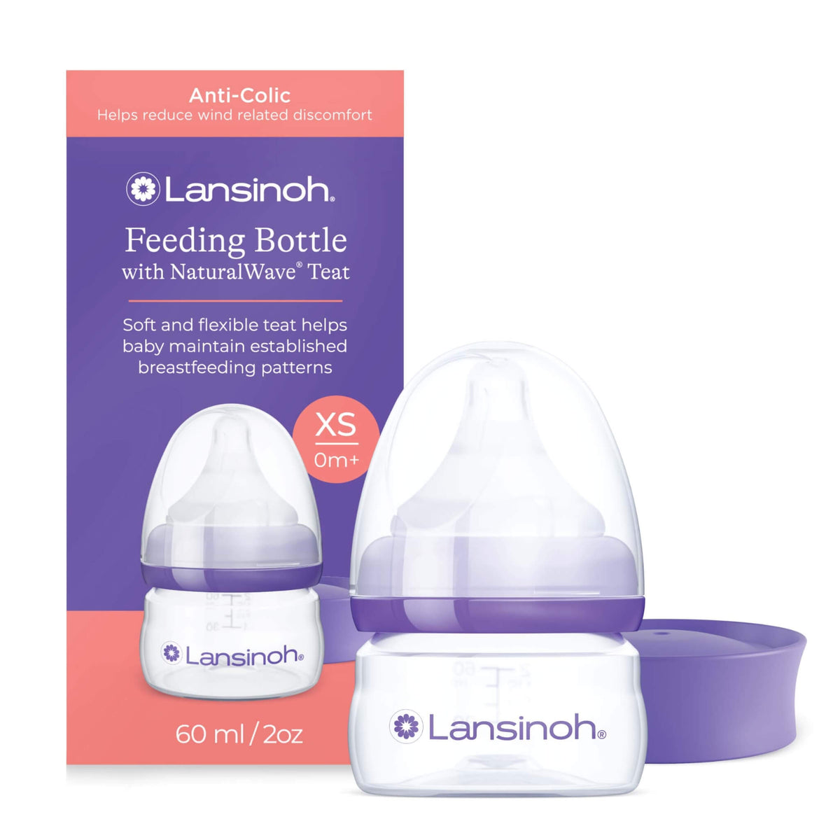 Lansinoh Feeding Bottle with NaturalWave teat shown with retail packaging, featuring a 60 ml anti-colic feeding bottle with extra slow flow teat and protective cap.