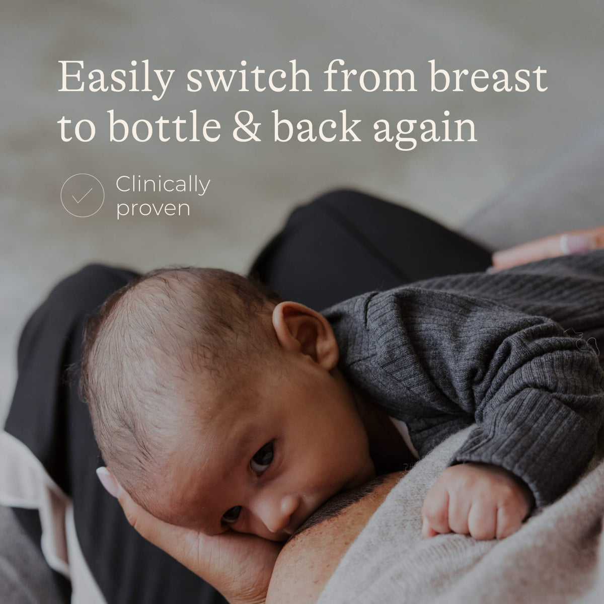 Baby being breasfed with text about switching between breastfeeding and bottle feeding.
