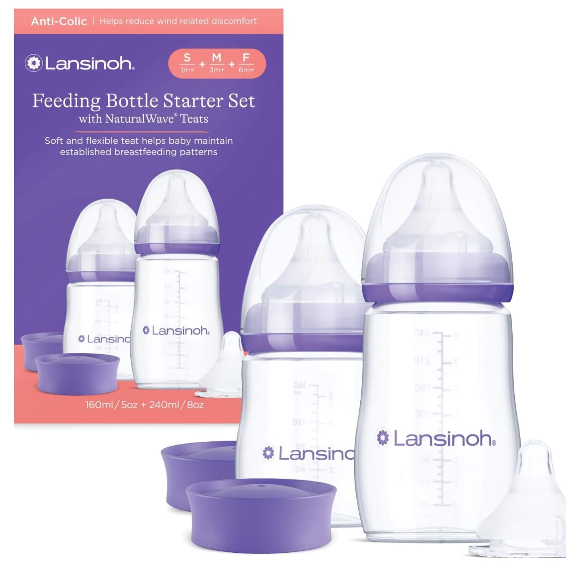 Lansinoh Feeding Bottle Starter Set with NaturalWave teats, showing two anti-colic baby bottles, interchangeable teat sizes and accessories in front of product packaging.