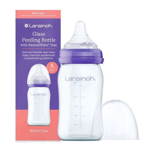 Lansinoh baby feeding bottle with NaturalWave™ teat shown beside its retail box, made from BPA and BPS-free materials for safe and natural feeding.
