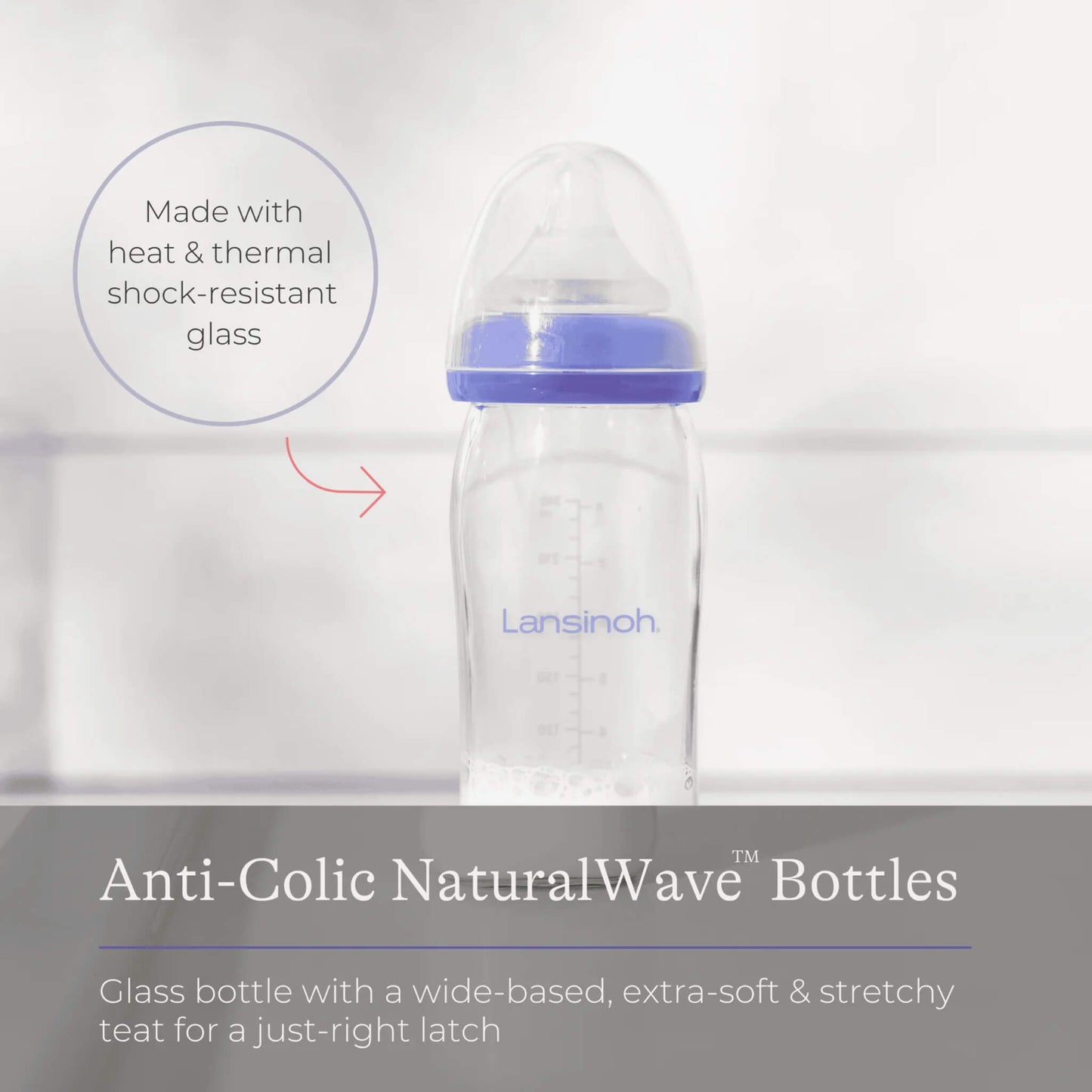 Clear glass baby feeding bottle standing upright with a transparent teat and purple collar, shown with text highlighting heat and thermal shock resistant glass construction.