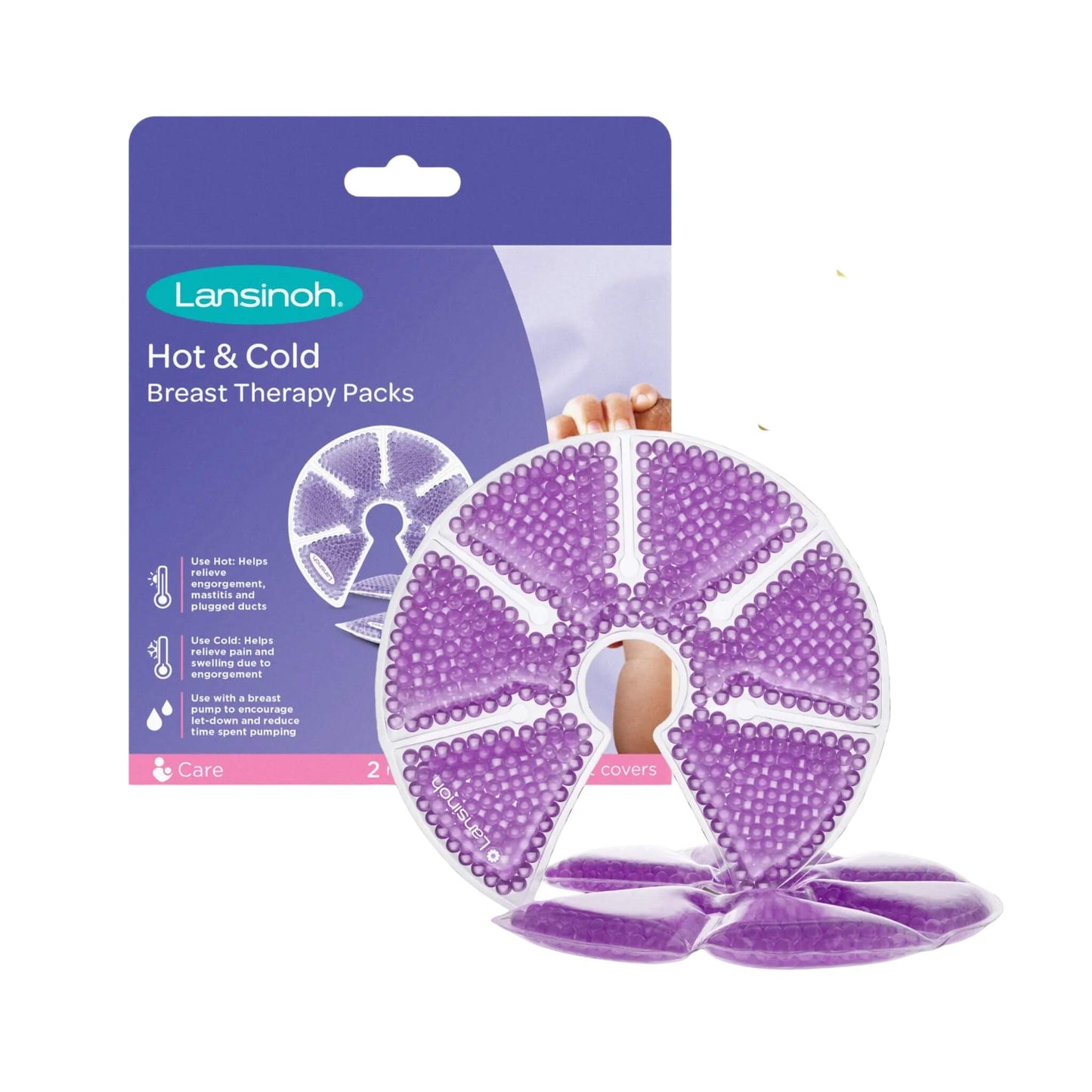 Lansinoh Hot & Cold Breast Therapy Packs packaging shown alongside reusable purple gel therapy packs designed for breastfeeding comfort and relief.