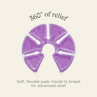 A flexible purple breast therapy pack with a contoured shape designed to wrap comfortably around a breast or pump flange.