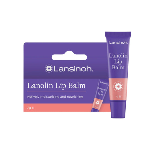 A Lansinoh Lanolin Lip Balm 7g tube displayed alongside its retail packaging, showing the purple and pink design against a plain background.