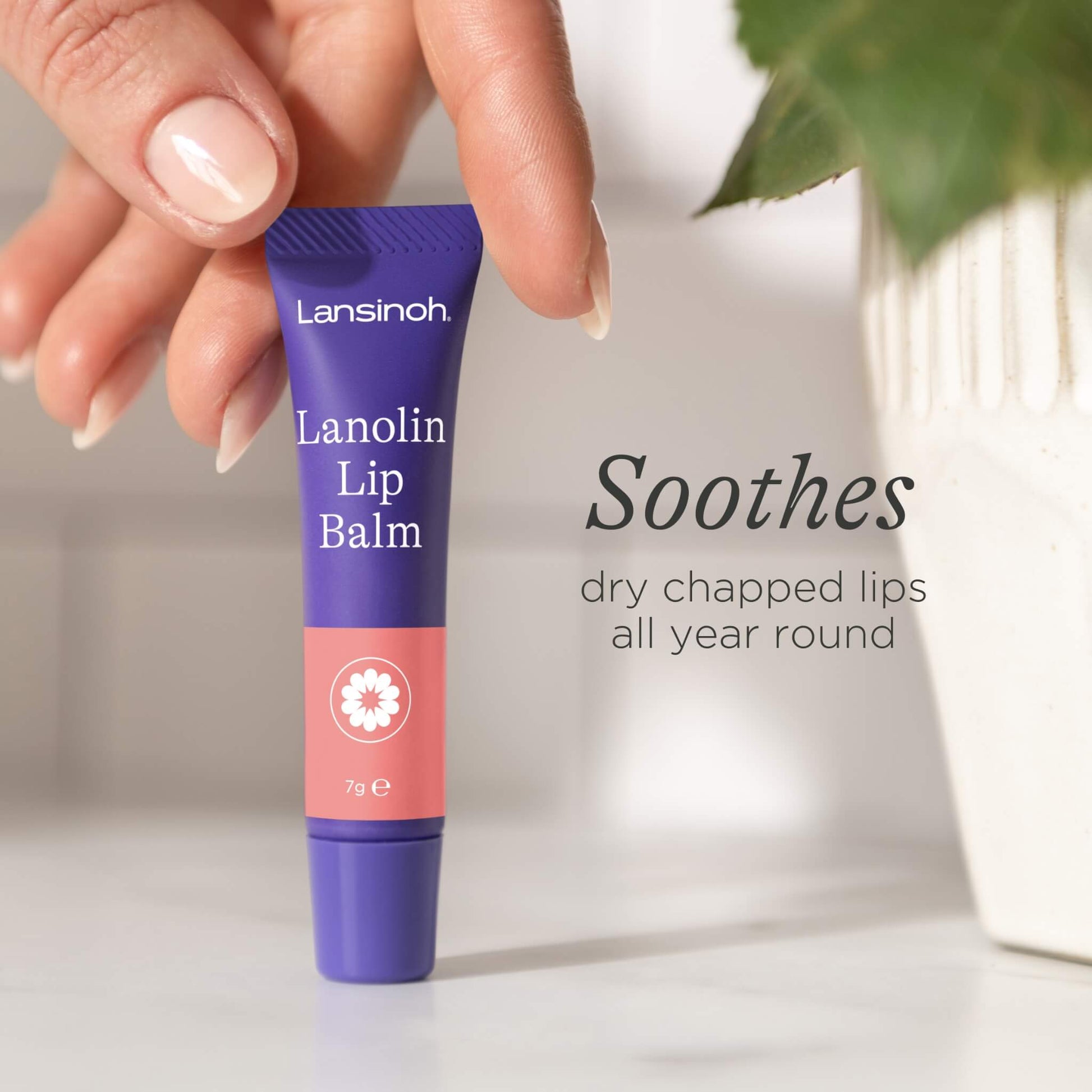 A hand holding a tube of lip balm upright on a bathroom surface beside a white plant pot with green leaves.