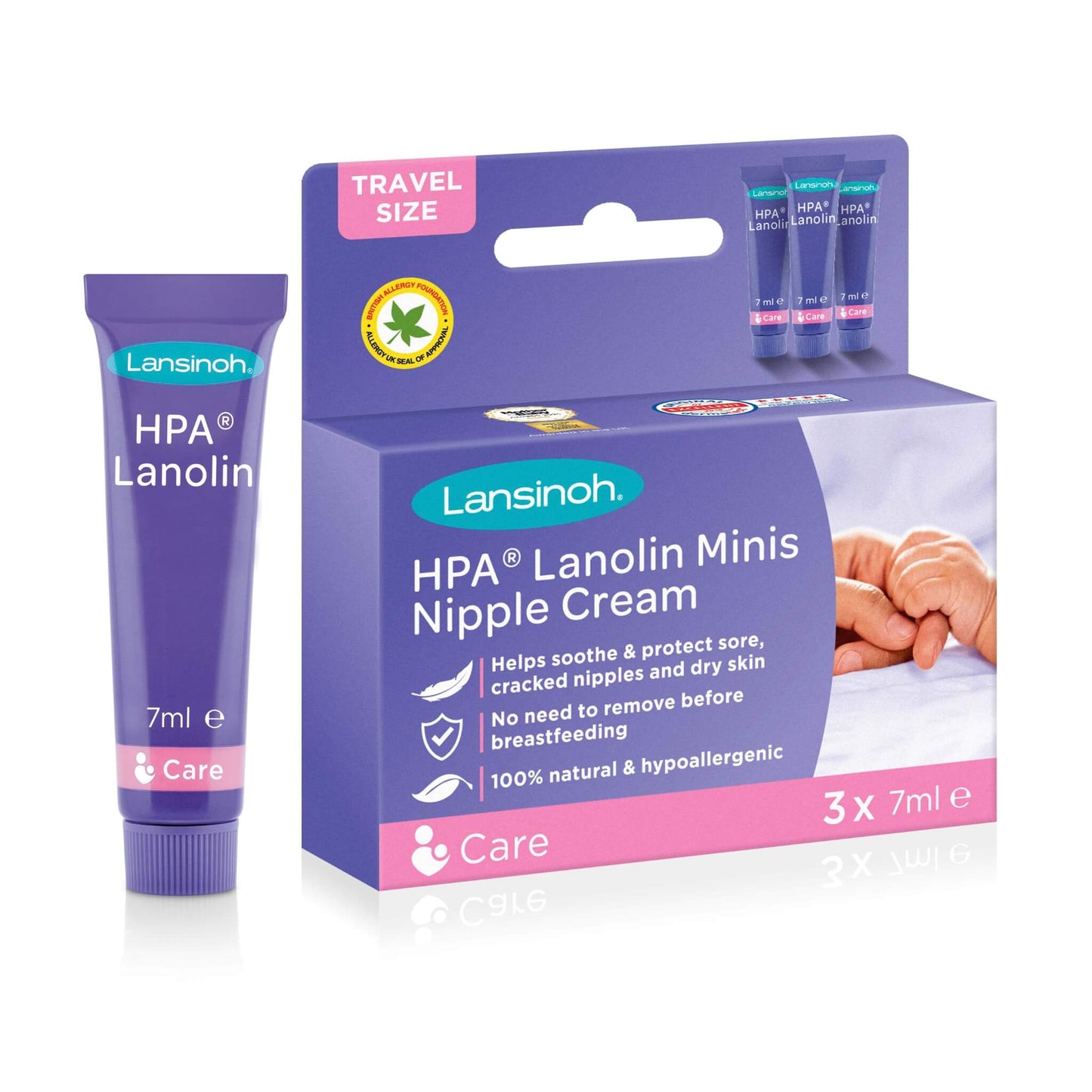 Lansinoh HPA Lanolin Minis Nipple Cream packaging with a travel size tube on a white background