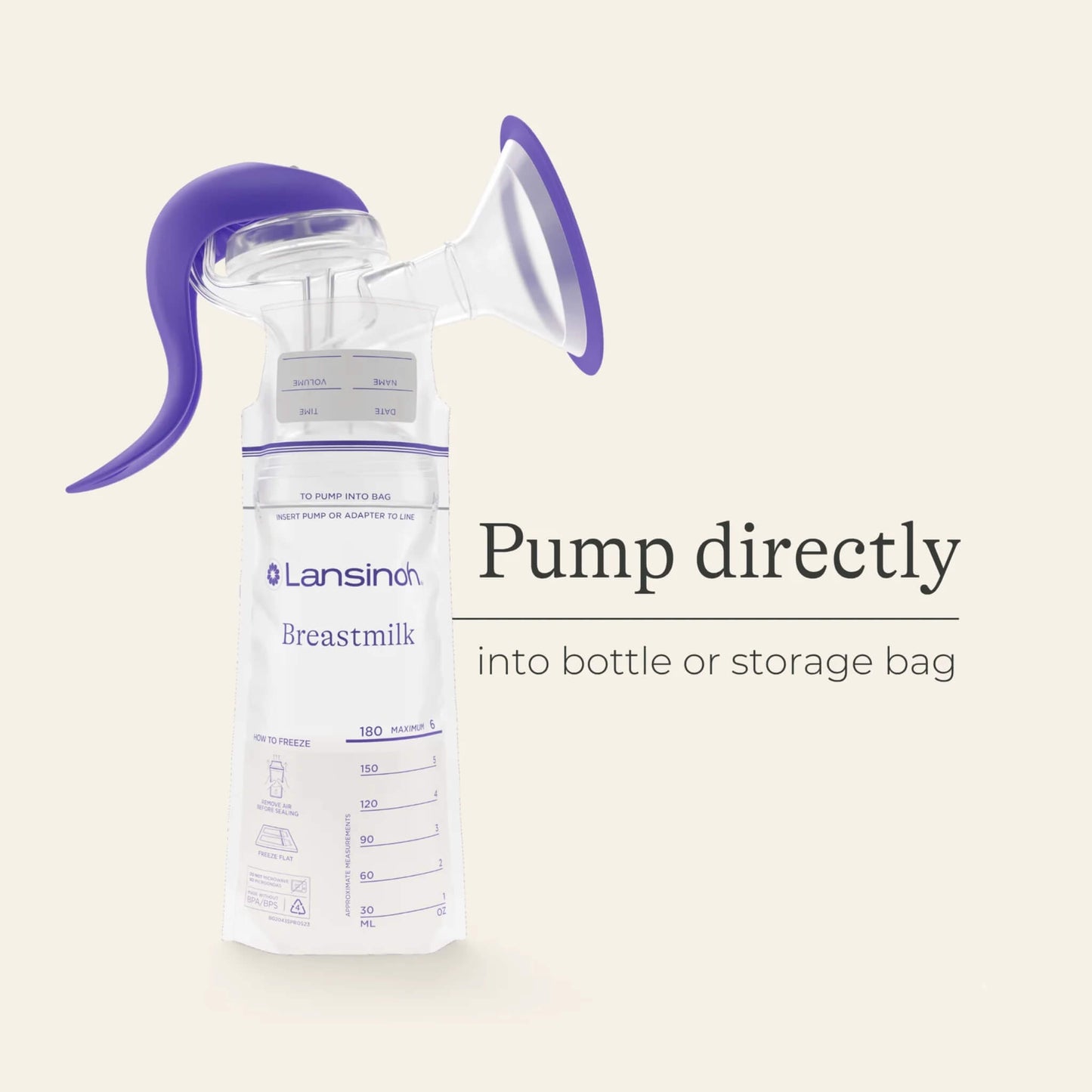 Manual breast pump attached to a breastmilk storage bag, demonstrating direct pumping into bottle or storage bag to reduce milk transfer and spills.