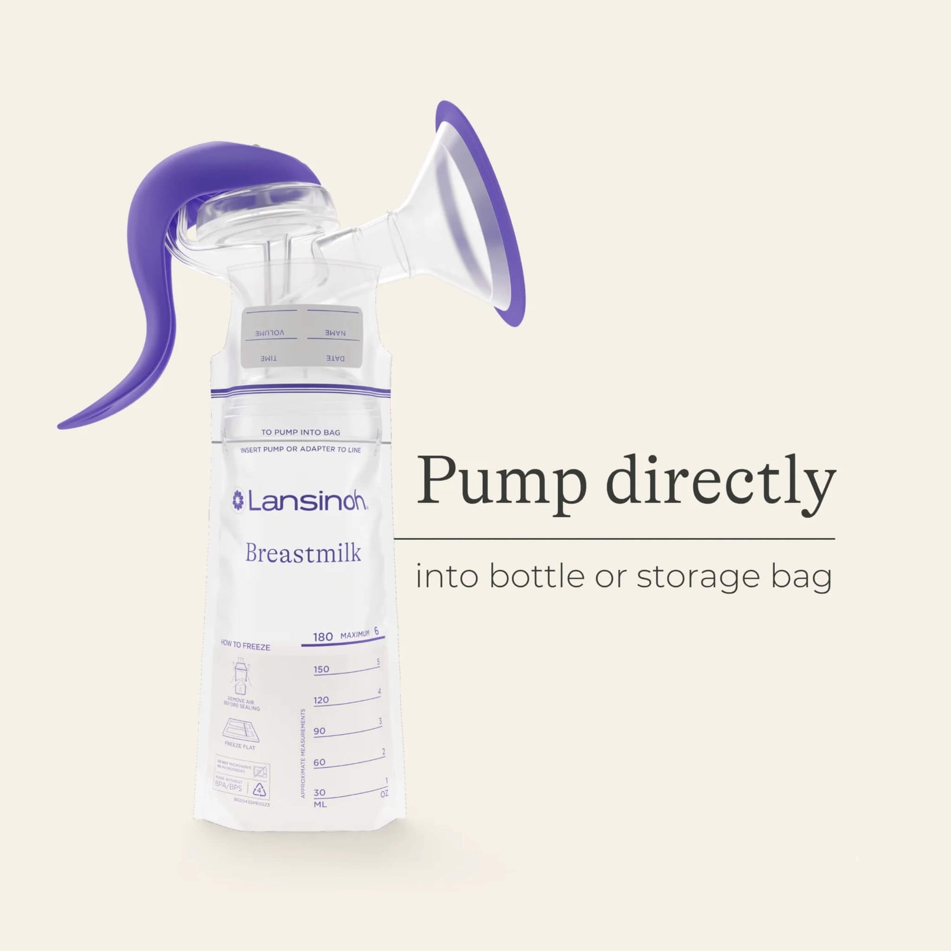 Manual breast pump attached to a breastmilk storage bag, demonstrating direct pumping into bottle or storage bag to reduce milk transfer and spills.