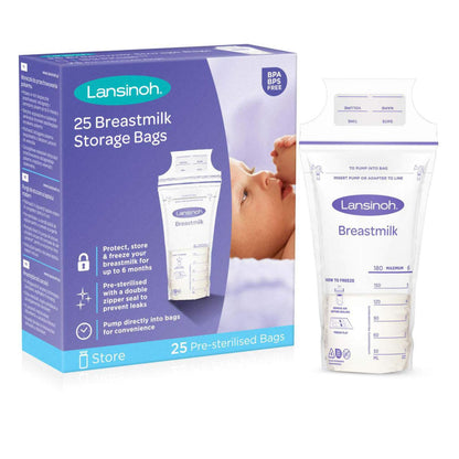 A Lansinoh Breastmilk Storage Bags 25-pack box beside one clear milk storage bag showing measurement markings up to 180ml.