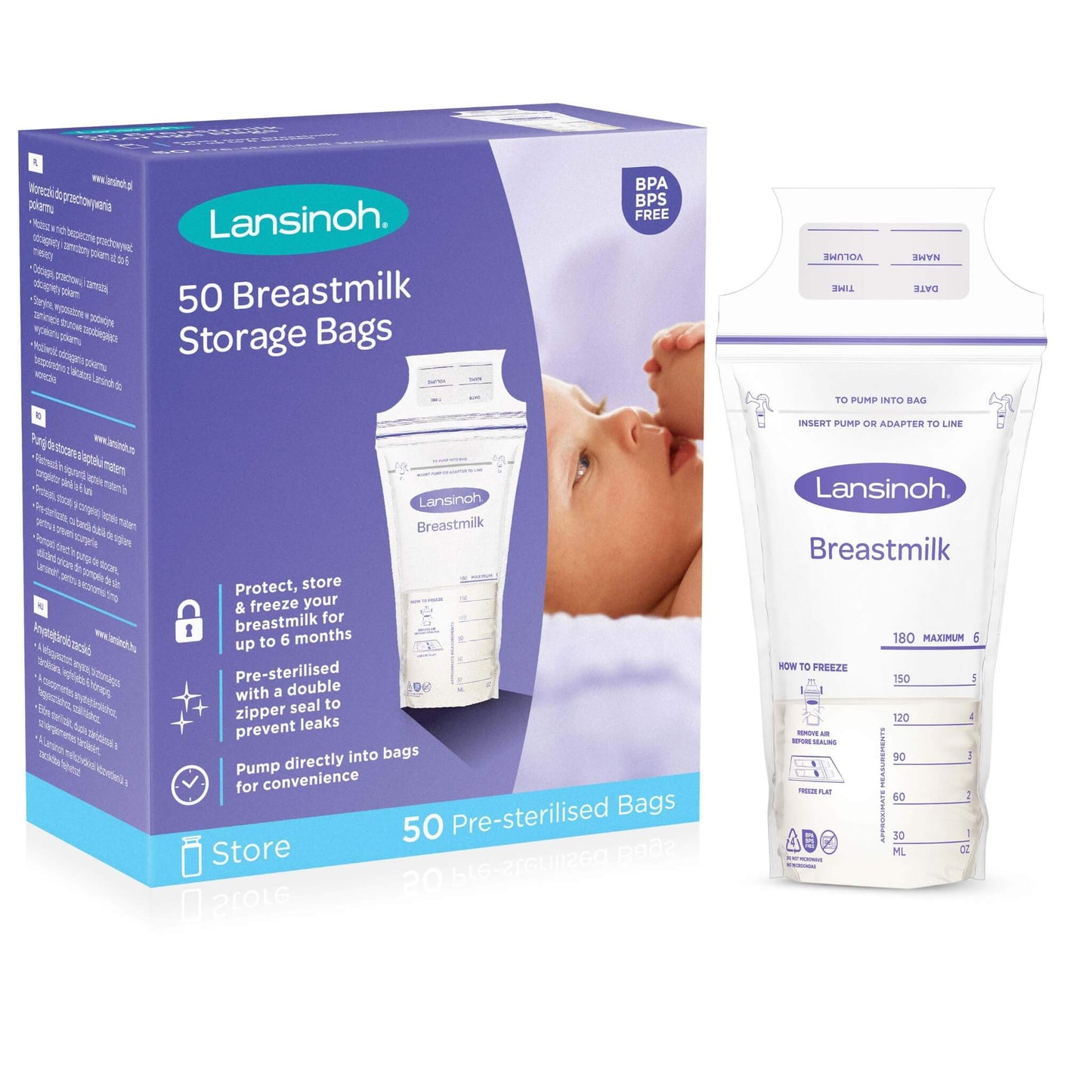 A Lansinoh Breastmilk Storage Bags 50-pack box beside a single clear storage bag showing the double zipper seal and labelled measurement scale.