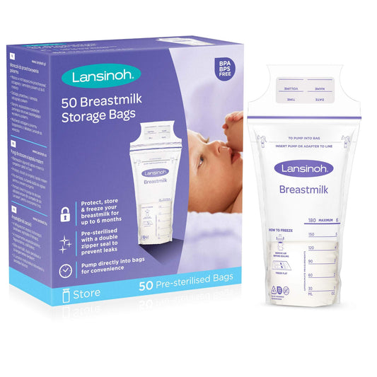 A Lansinoh Breastmilk Storage Bags 50-pack box beside a single clear storage bag showing the double zipper seal and labelled measurement scale.