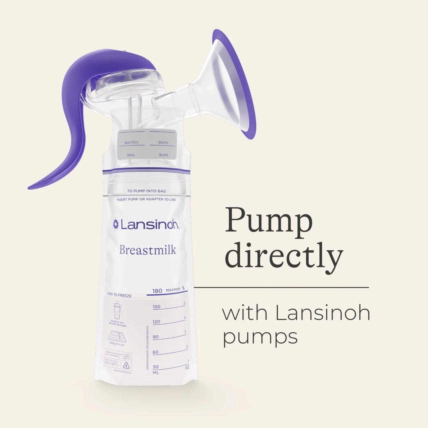 Clear milk storage bag attached directly to a breast pump, demonstrating compatibility for pumping straight into the bag.