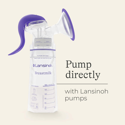 Clear milk storage bag attached directly to a breast pump, demonstrating compatibility for pumping straight into the bag.