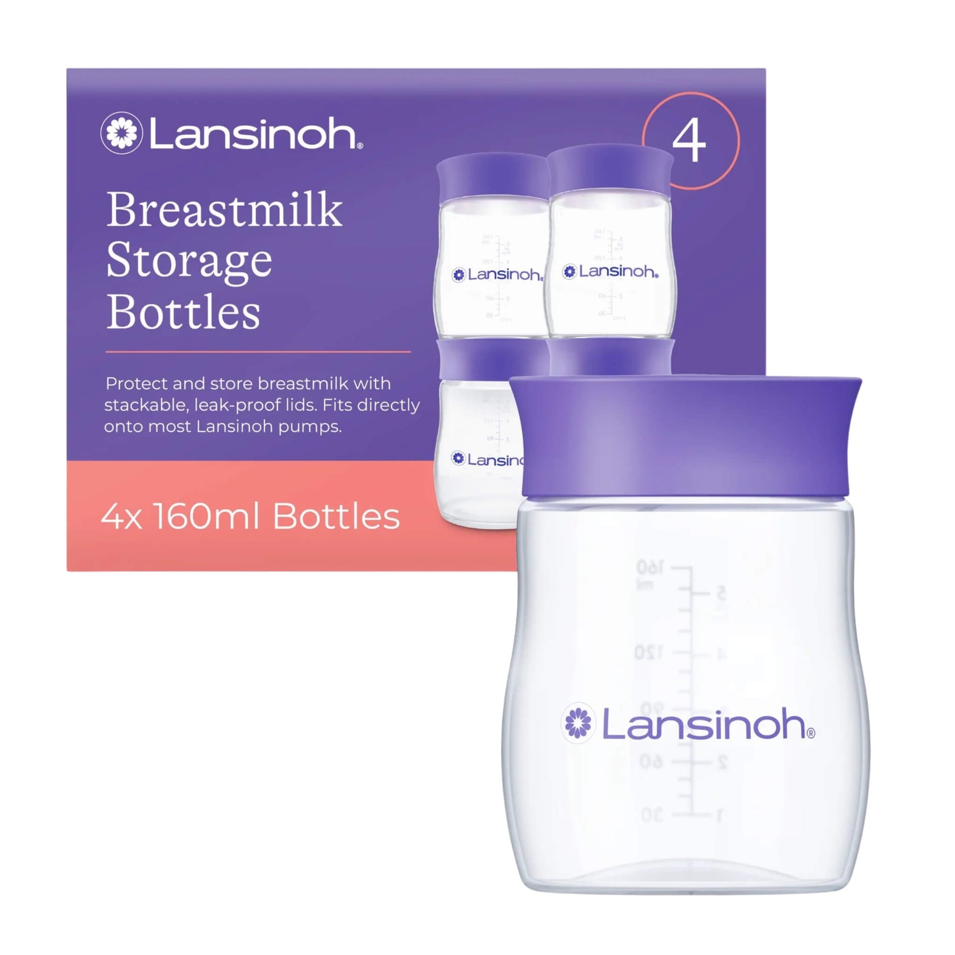 Lansinoh Breastmilk Storage Bottles 4 pack shown in branded retail packaging with four reusable 160ml storage bottles featuring stackable leak-resistant lids.