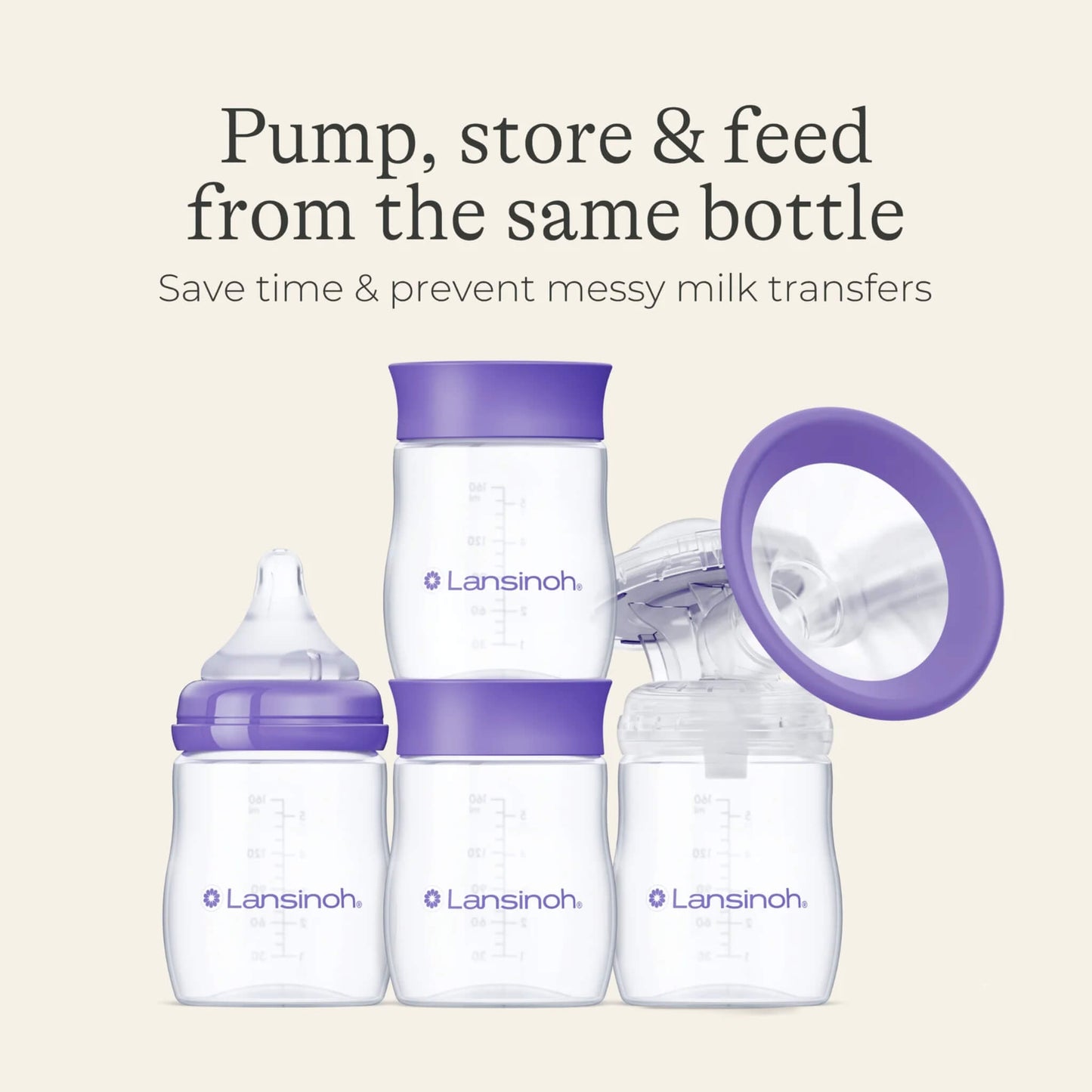Collection of breastmilk storage bottles displayed with interchangeable feeding and pumping attachments to show pumping, storing and feeding from the same bottle system.
